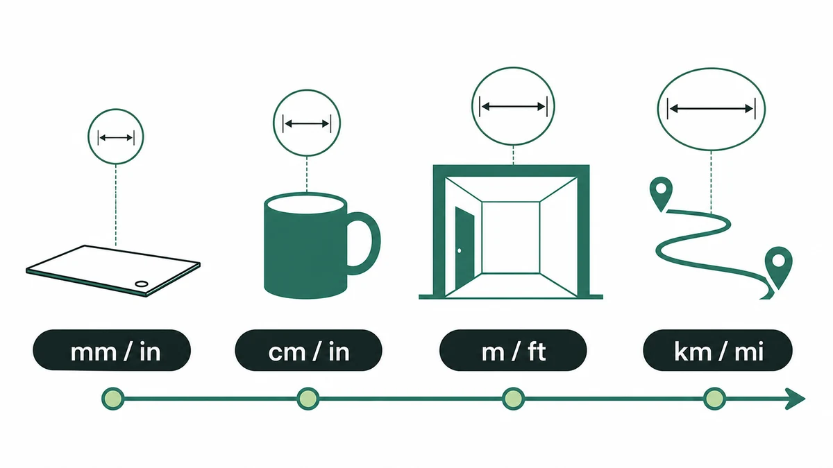 Objects at small, human, building, and travel scales paired with suitable length units