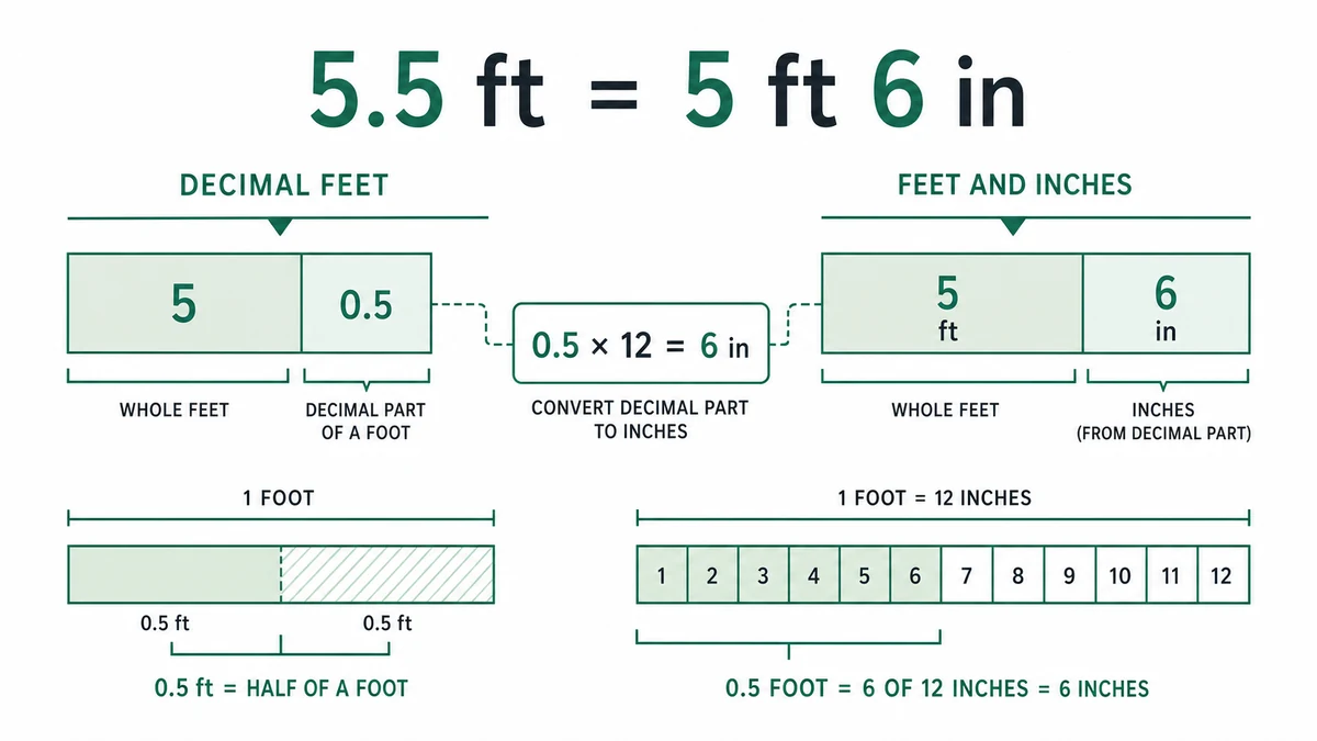 Decimal feet value separated into whole feet and a decimal part converted to inches