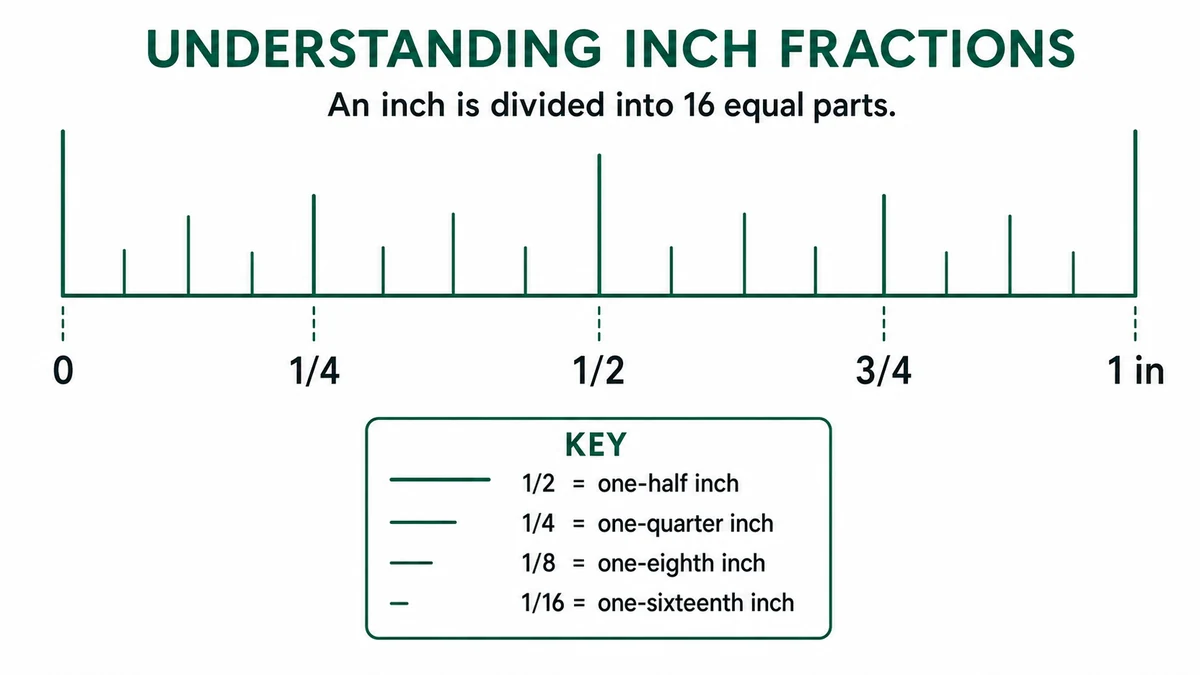 Inch ruler showing whole, half, quarter, eighth, and sixteenth-inch tick lengths