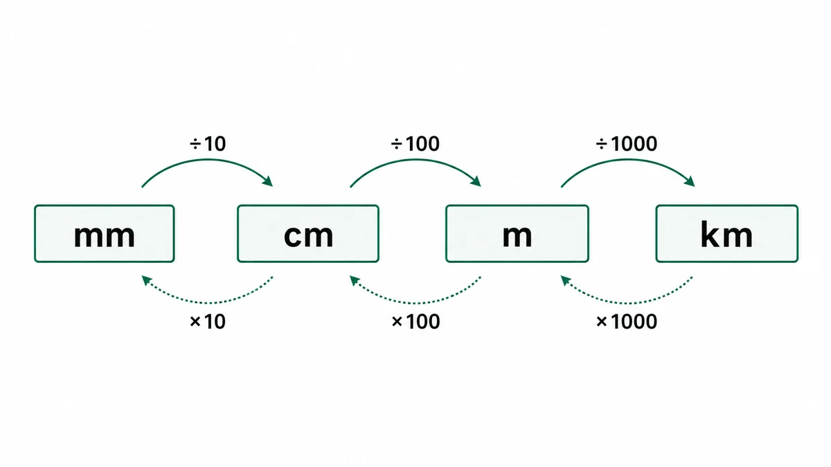 Metric length ladder from millimeters through centimeters and meters to kilometers