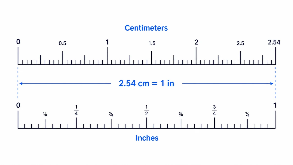 Metric centimeter scale aligned with an inch scale to show that 2.54 centimeters equals one inch