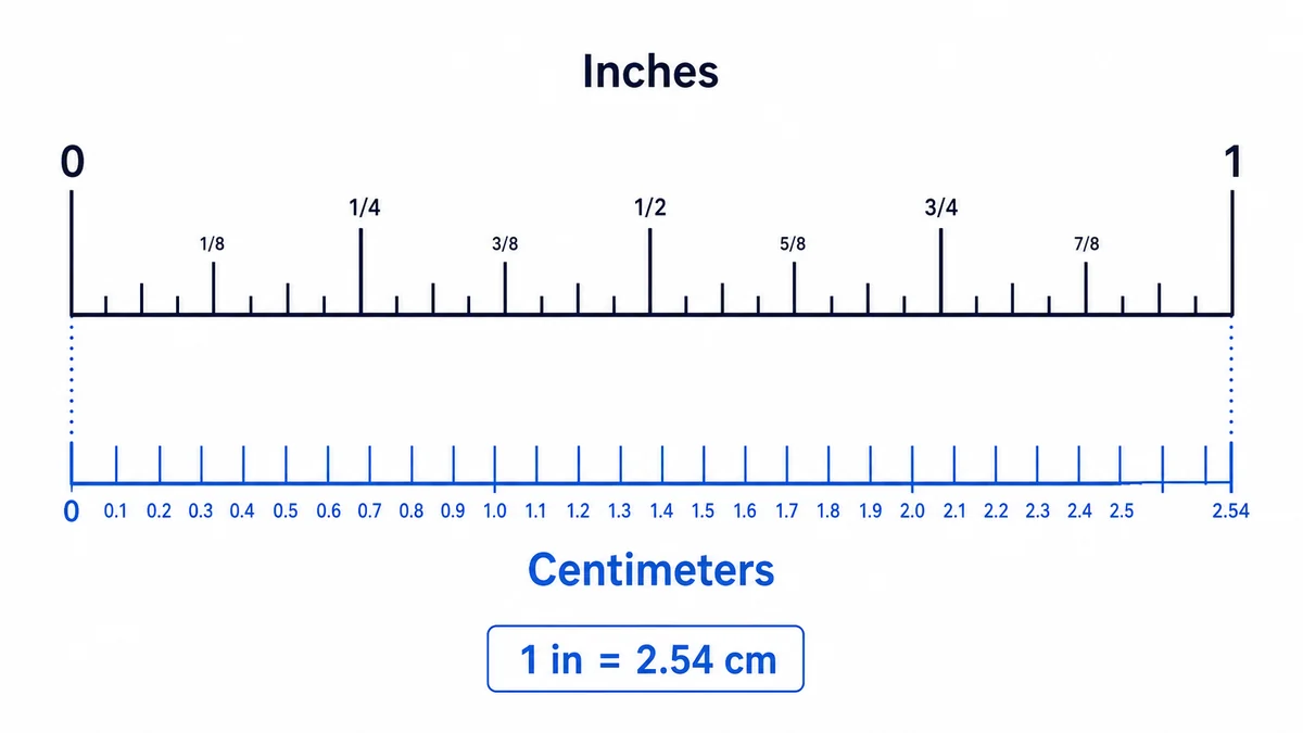 An inch-first ruler reference aligned with centimeter markings for converting customary dimensions to metric