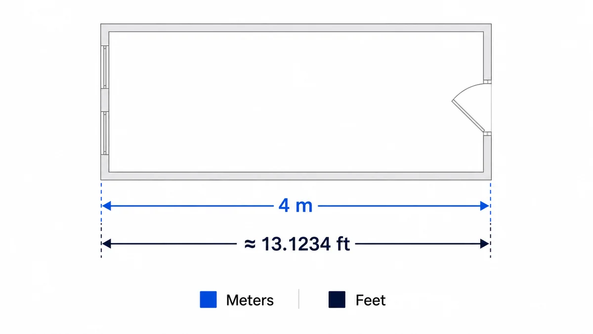 A room-length comparison showing a four-meter span aligned with approximately 13.12 feet